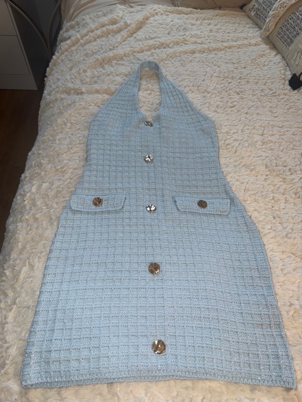 Light Blue Halter Knit Button-Front Dress